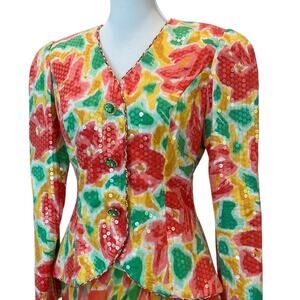 Womens Vintage Suit Set Medium Skirt Blazer Silk Formal Set Luxury Sequin Spring